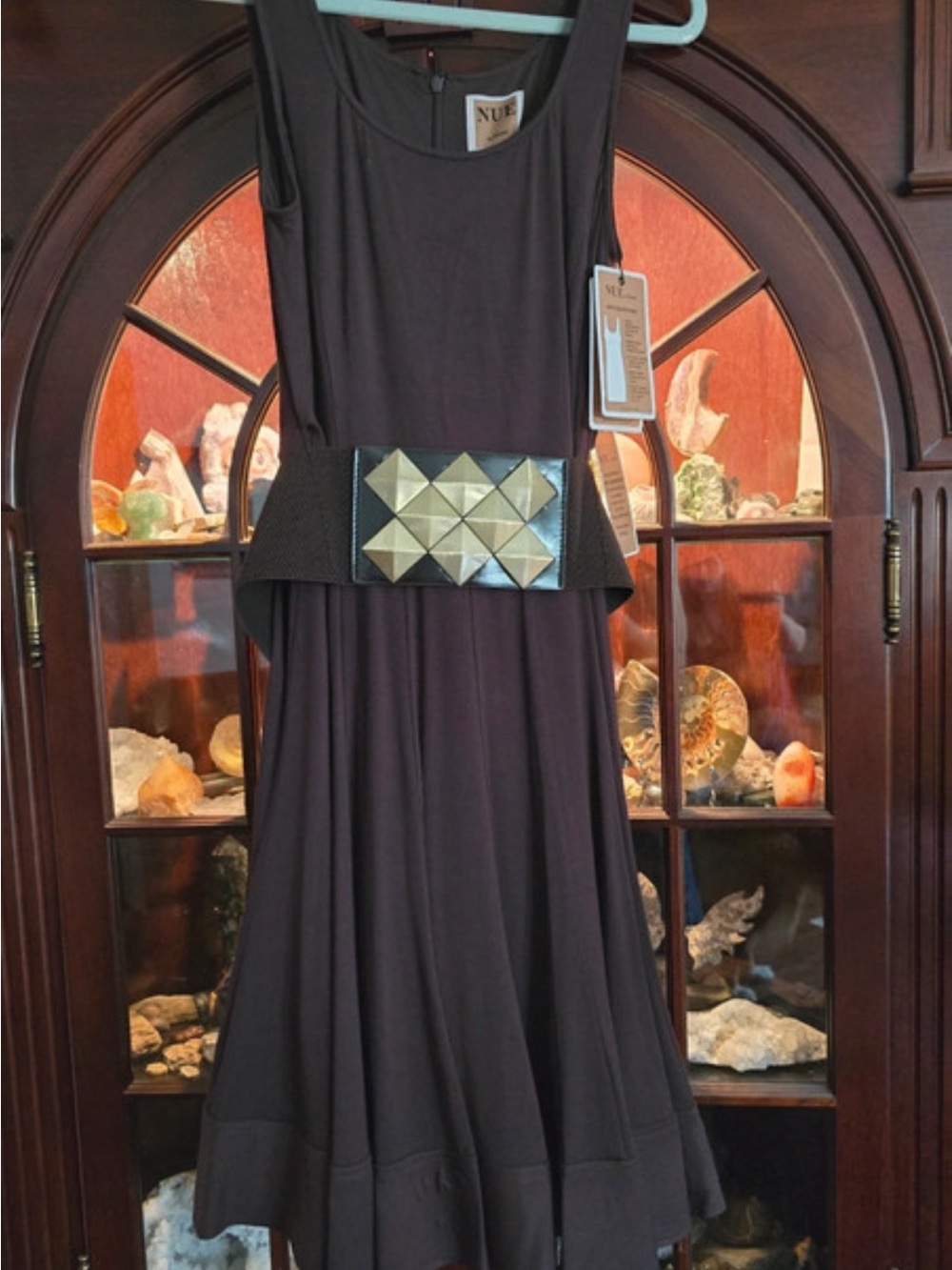 Nue by Shani Black Sleeveless Midi Dress with Geometric Metal Accent Belt